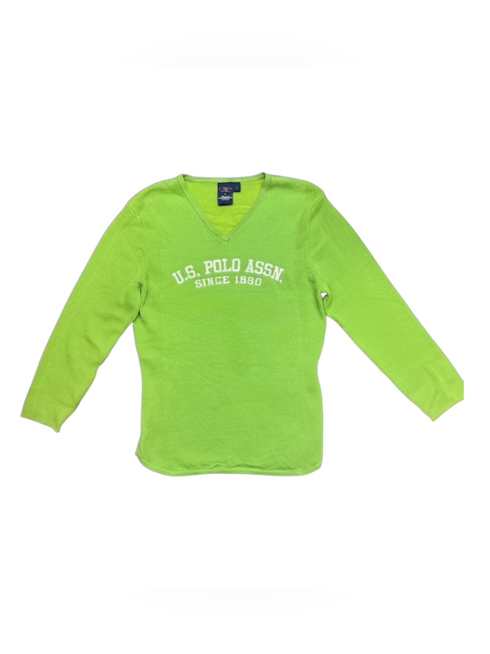 Y2K U.S. Polo Assn Bright Green V-Neck Knit 3/4th Sleeve Sweater Size Small